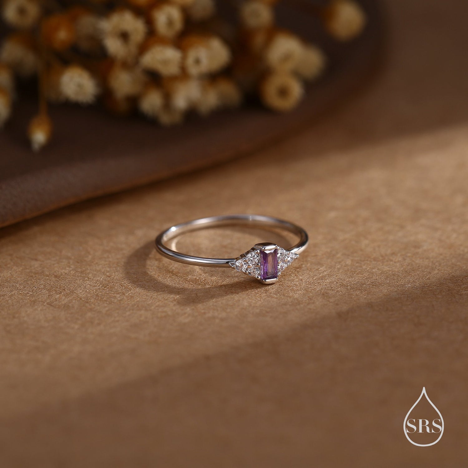 Vintage Inspired Lilac Purple CZ Ring in Sterling Silver, Baguette Ring, Silver or Gold, Delicate Sapphire Ring, Size US 5 - 8