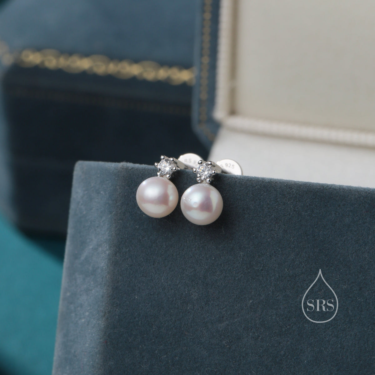 Tiny Genuine Pearl and CZ 16G Internally Threaded Flat Back Earrings in Sterling Silver