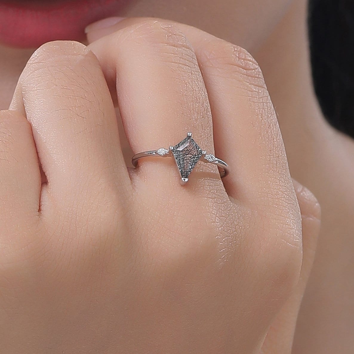 1 Carat Rhombus Cut Rutilated Quartz Classic Single Stone Engagement Ring in Sterling Silver, Kite Shape Rutilated Quartz Ring, US 5-8