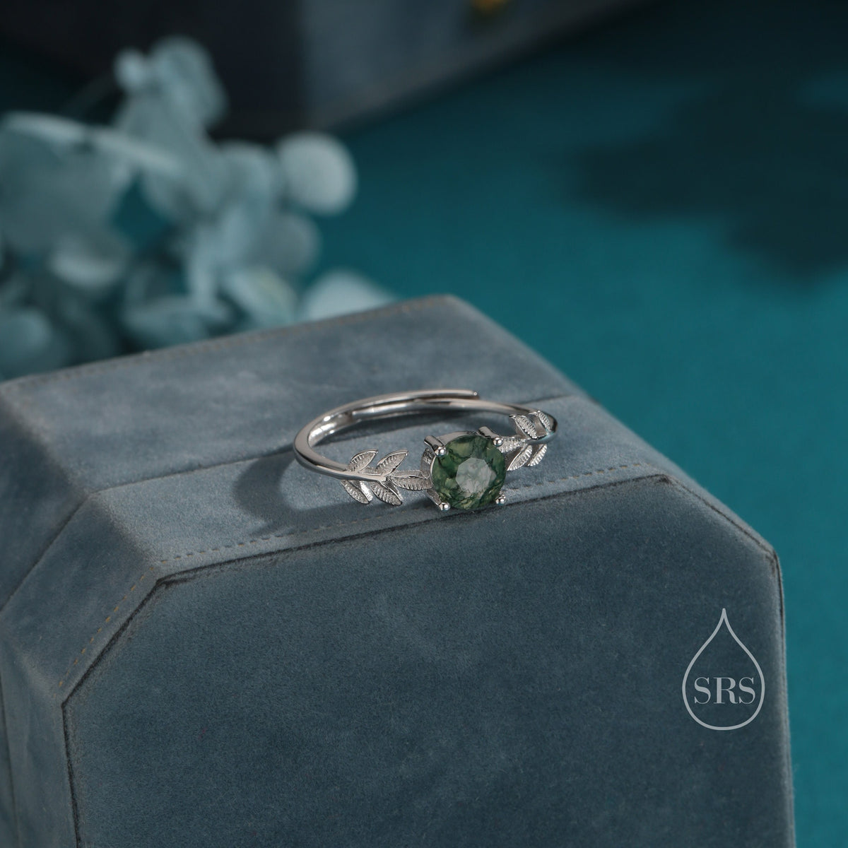 Moss Agate and Leaf Single Stone Ring in Sterling Silver, Adjustable Size, Botanical Jewellery, Natural Moss Agate Ring