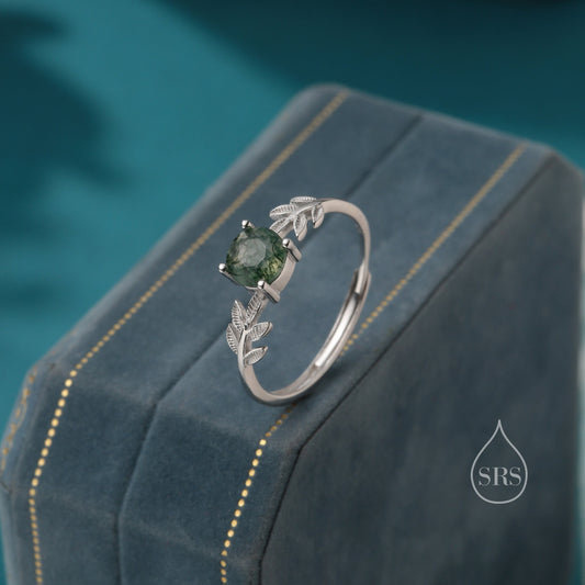 Moss Agate and Leaf Single Stone Ring in Sterling Silver, Adjustable Size, Botanical Jewellery, Natural Moss Agate Ring