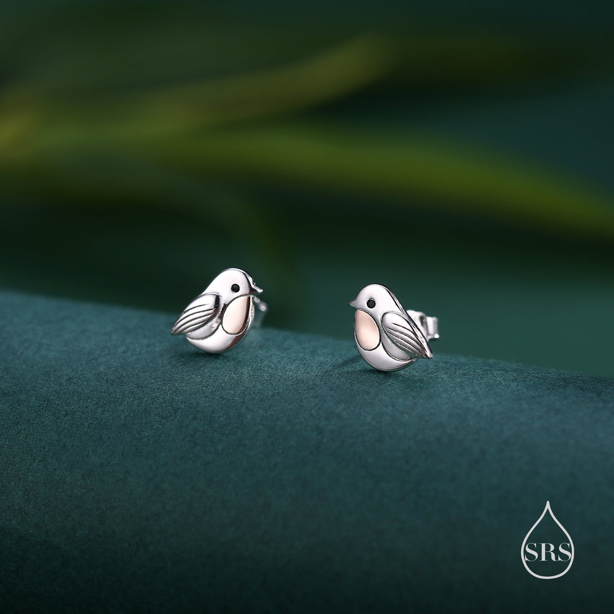 Baby Robin Bird Stud Earrings in Sterling Silver, Part Rose Gold Coating, Cute British Bird Earrings, Nature Inspired Animal Earrings