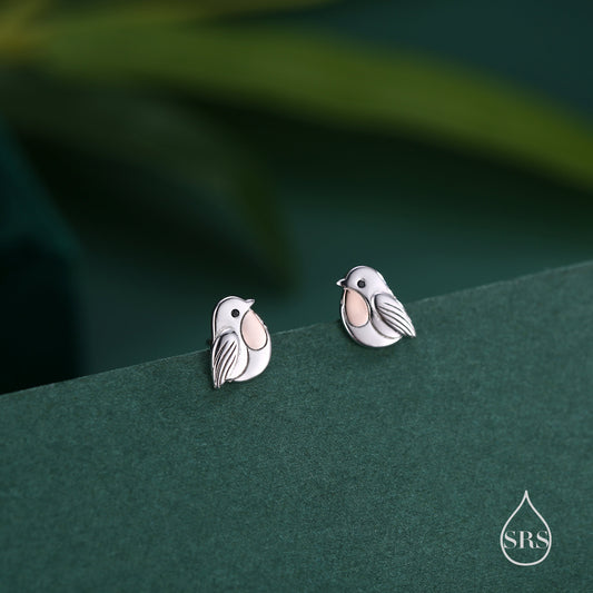 Baby Robin Bird Stud Earrings in Sterling Silver, Part Rose Gold Coating, Cute British Bird Earrings, Nature Inspired Animal Earrings