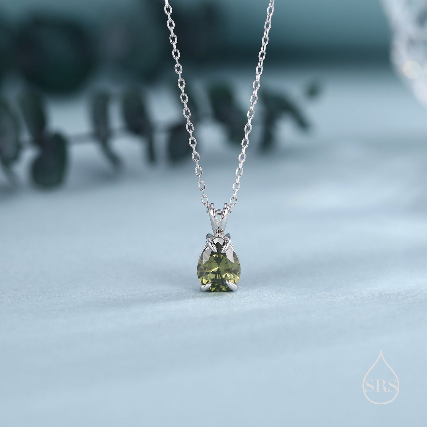 Olive Green CZ Pear Pendant Necklace