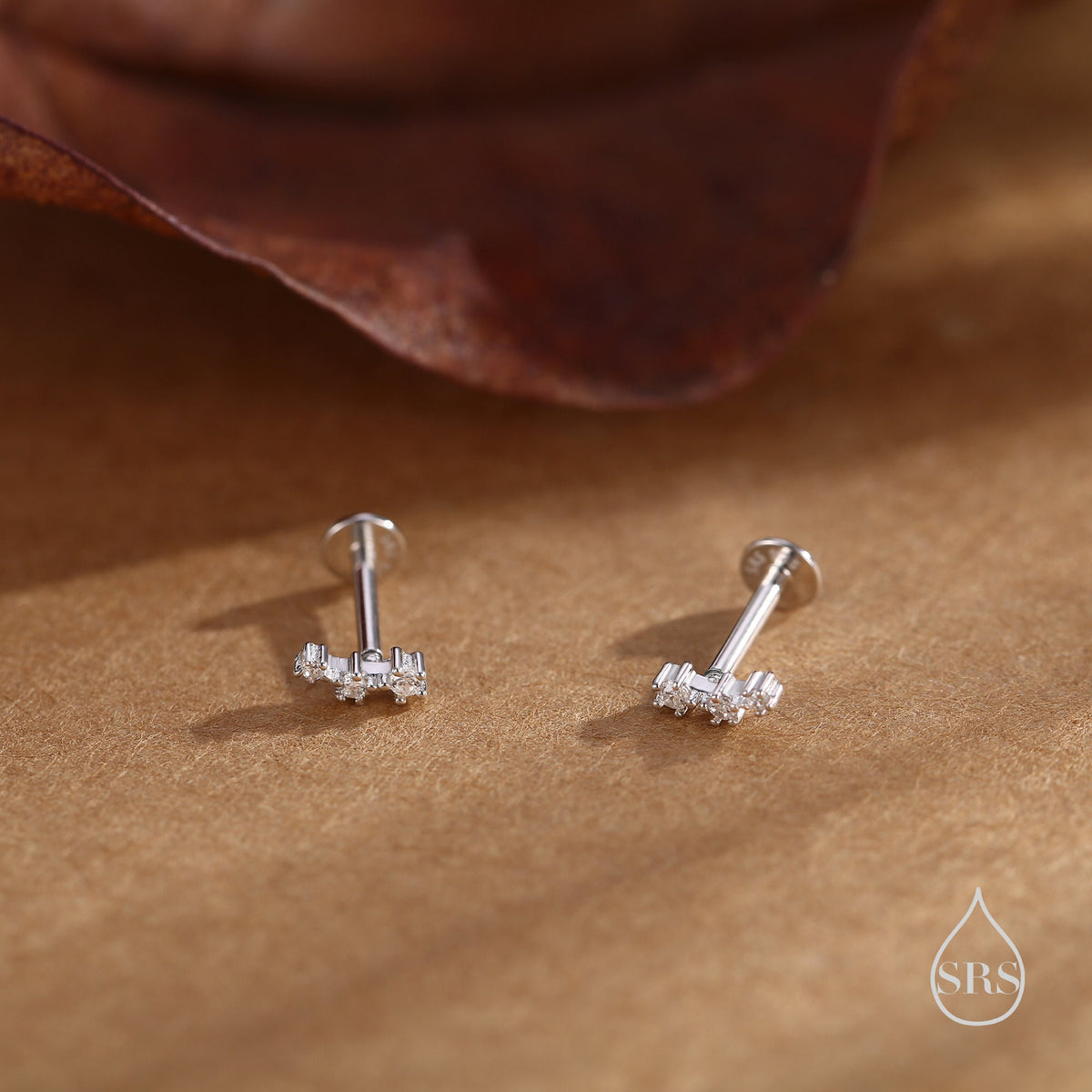 Tiny CZ Trio 16G Internally Threaded Flat Back Earrings in Sterling Silver