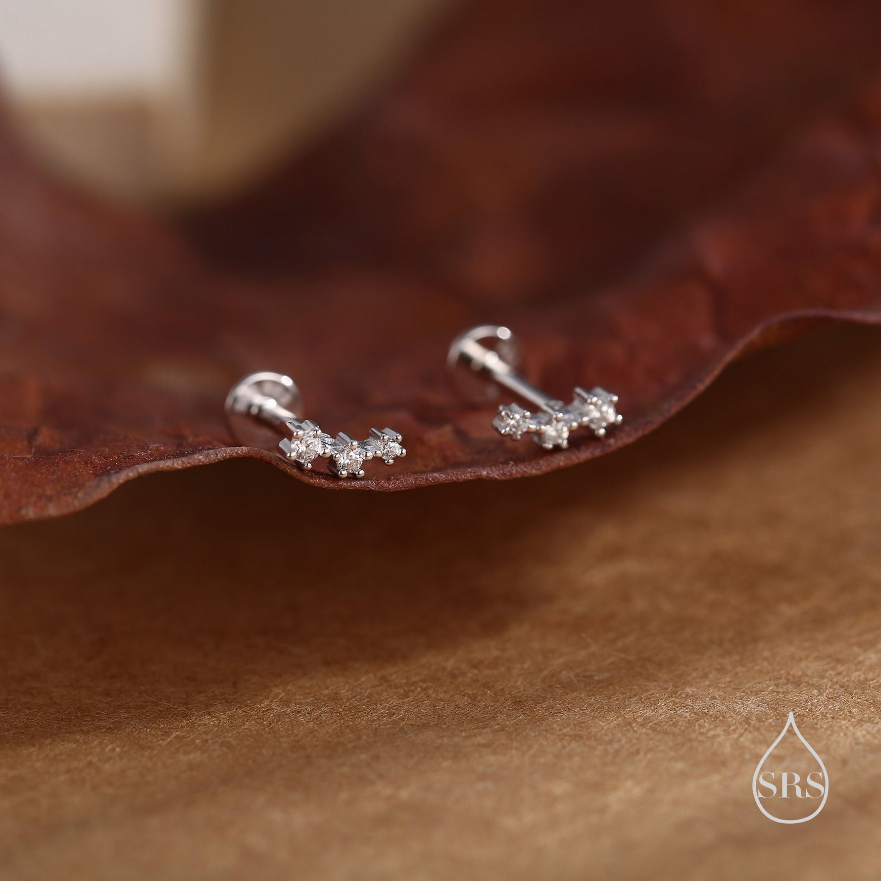 Tiny CZ Trio 16G Internally Threaded Flat Back Earrings in Sterling Silver