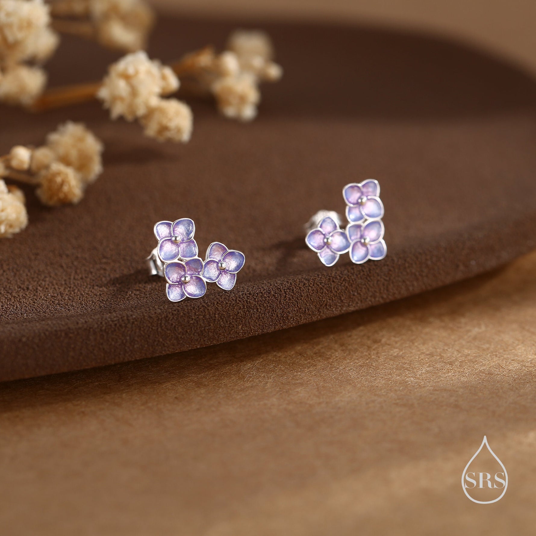 Purple Enamel Hydrangea Flower Bouquet Stud Earrings in Sterling Silver, Enamel Flower Earrings