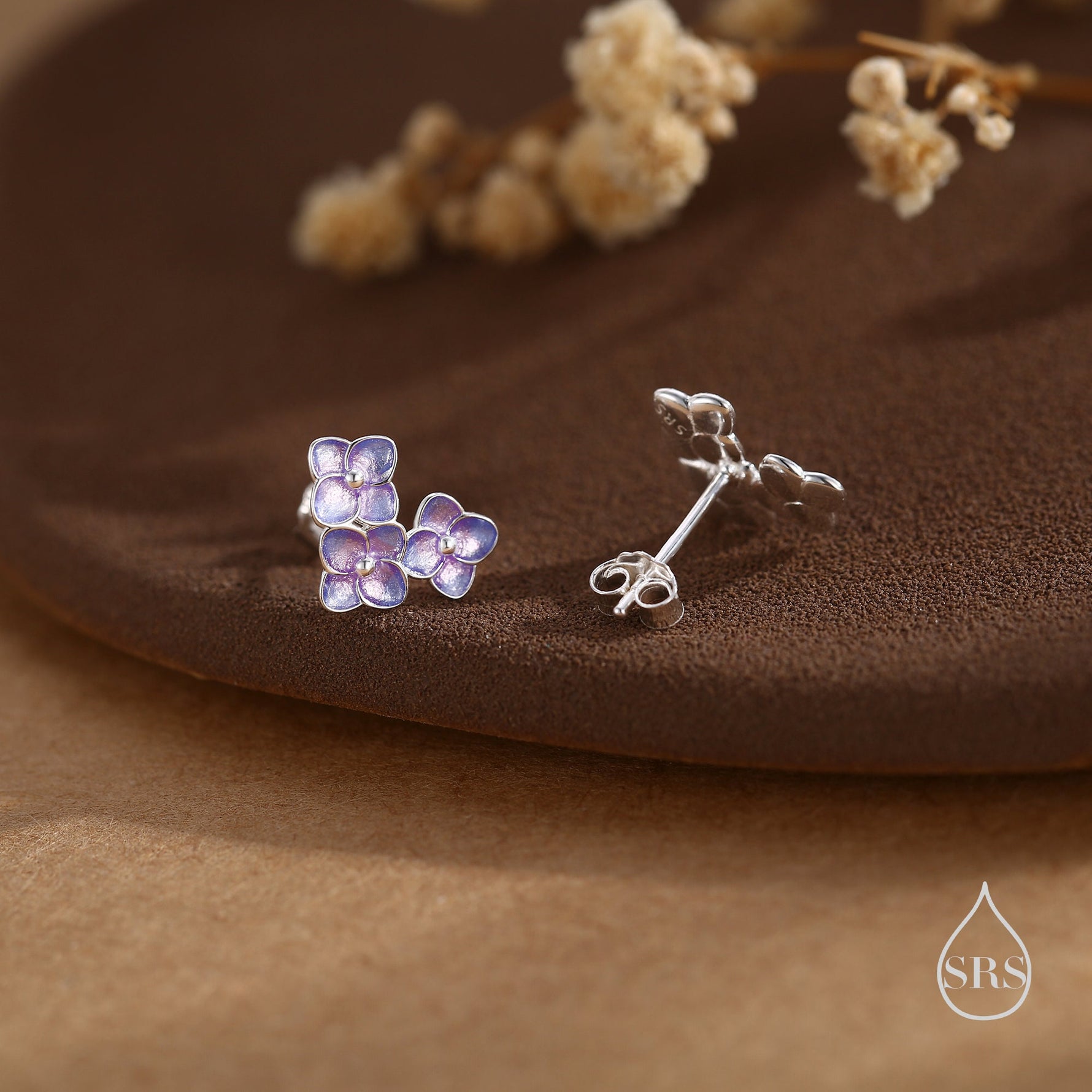 Purple Enamel Hydrangea Flower Bouquet Stud Earrings in Sterling Silver, Enamel Flower Earrings