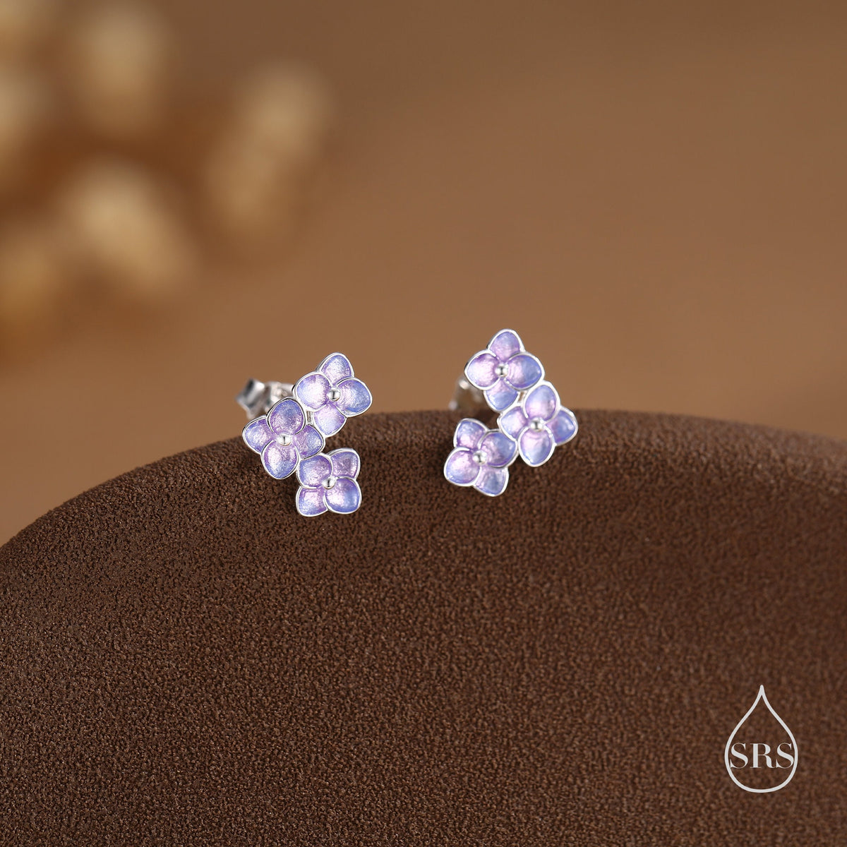 Purple Enamel Hydrangea Flower Bouquet Stud Earrings in Sterling Silver, Enamel Flower Earrings