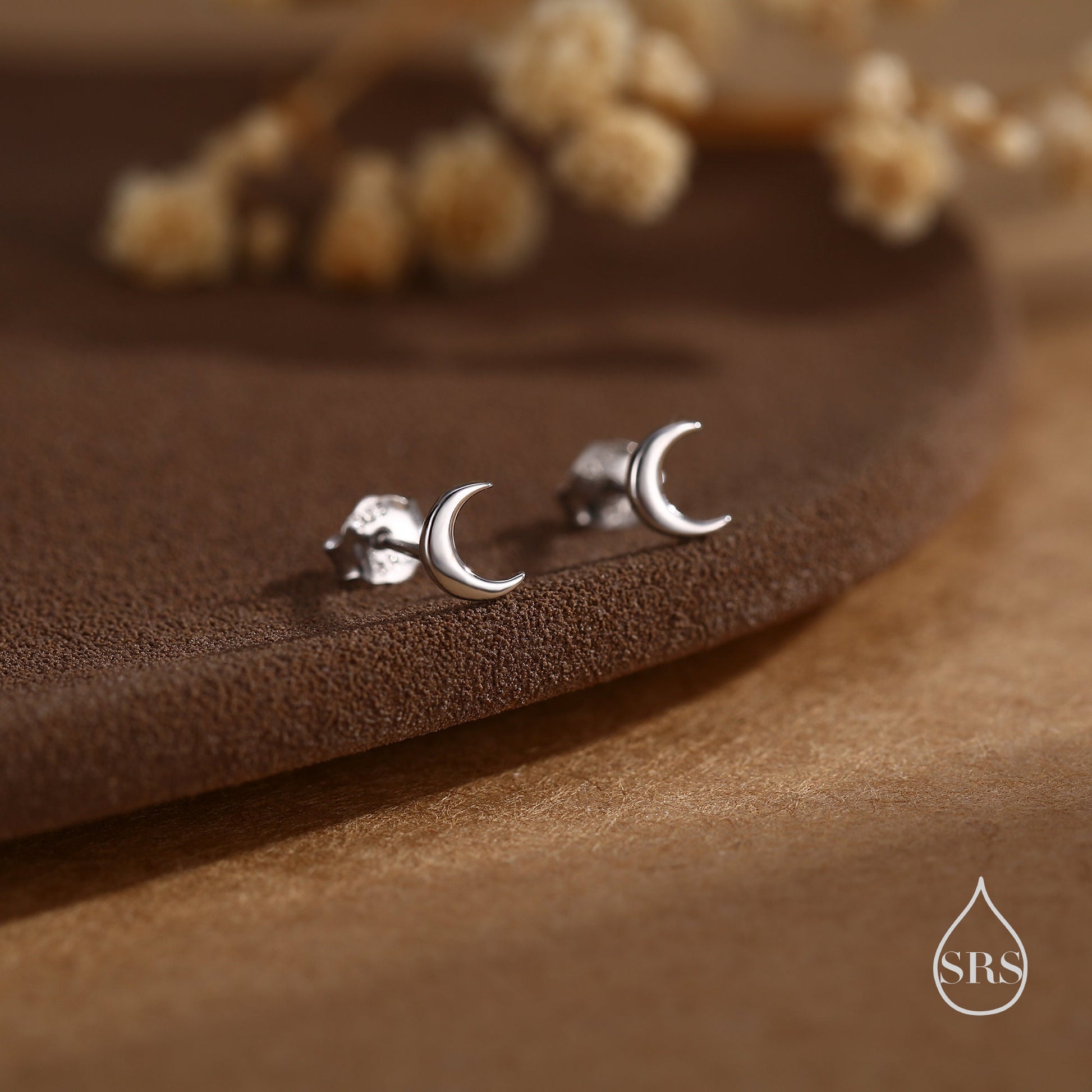 Tiny Moon Earrings in Sterling Silver, Silver or Gold or Rose Gold, Available as Stud / Flat Back / Screw Back Earrings, Celestial Earrings,