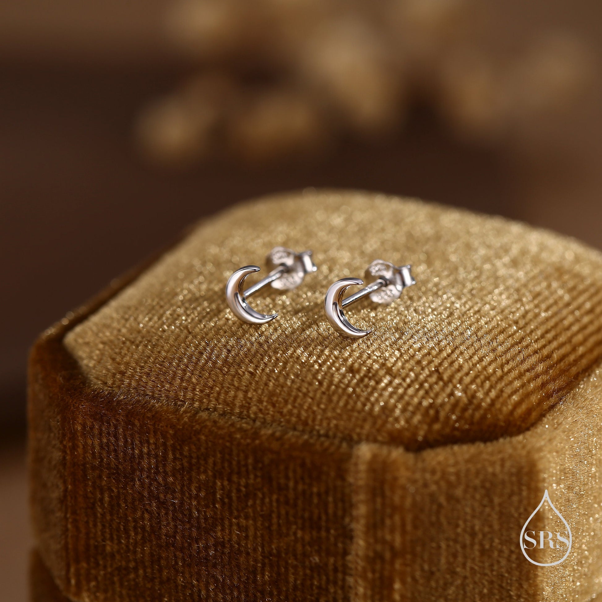 Tiny Moon Earrings in Sterling Silver, Silver or Gold or Rose Gold, Available as Stud / Flat Back / Screw Back Earrings, Celestial Earrings,