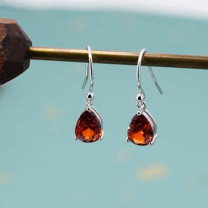 Sterling Silver Garnet Red CZ Droplet Drop Earrings in Sterling Silver, Silver or Gold, Pear Shape Cubic Zirconia Hook Earrings