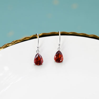 Sterling Silver Garnet Red CZ Droplet Drop Earrings in Sterling Silver, Silver or Gold, Pear Shape Cubic Zirconia Hook Earrings