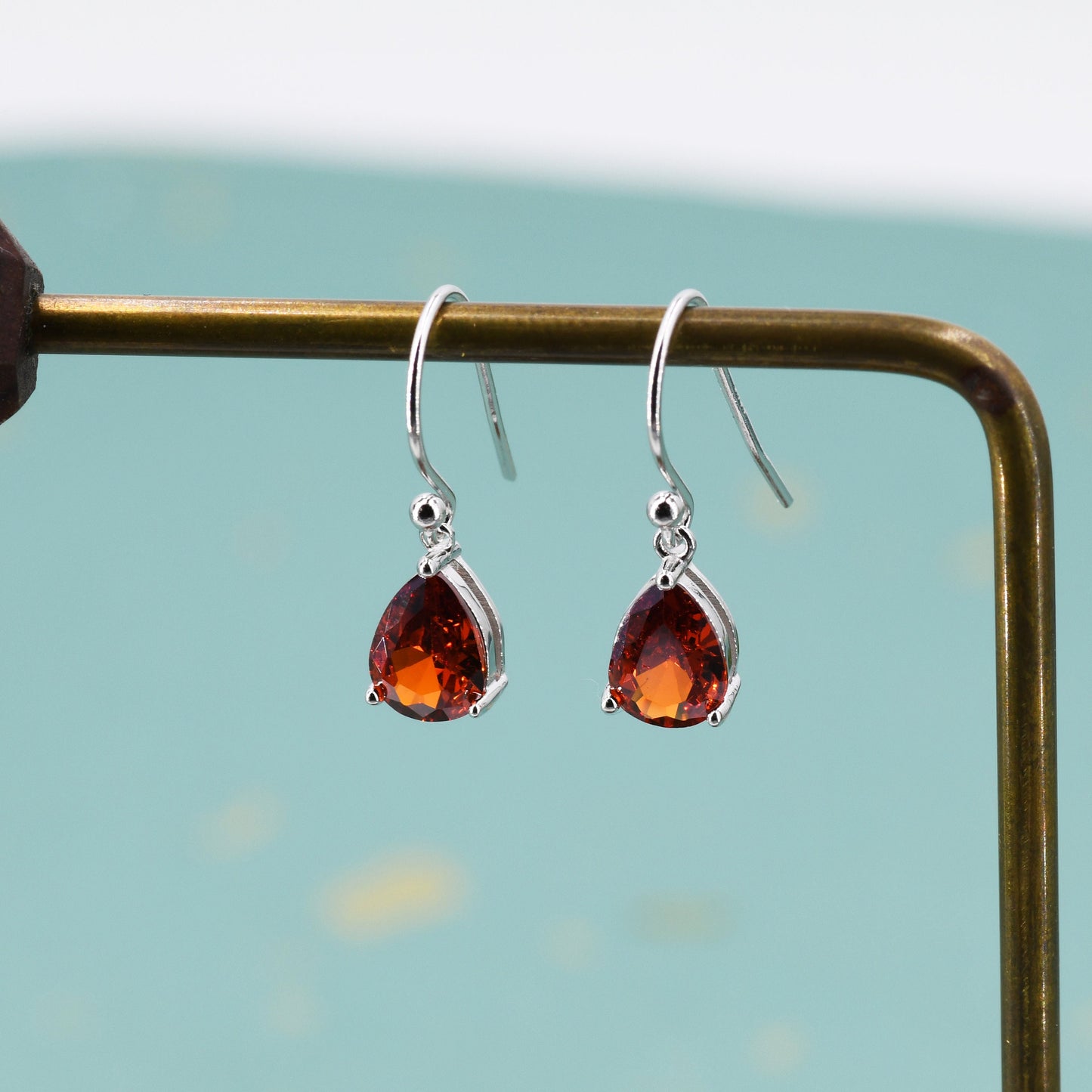 Sterling Silver Garnet Red CZ Droplet Drop Earrings in Sterling Silver, Silver or Gold, Pear Shape Cubic Zirconia Hook Earrings