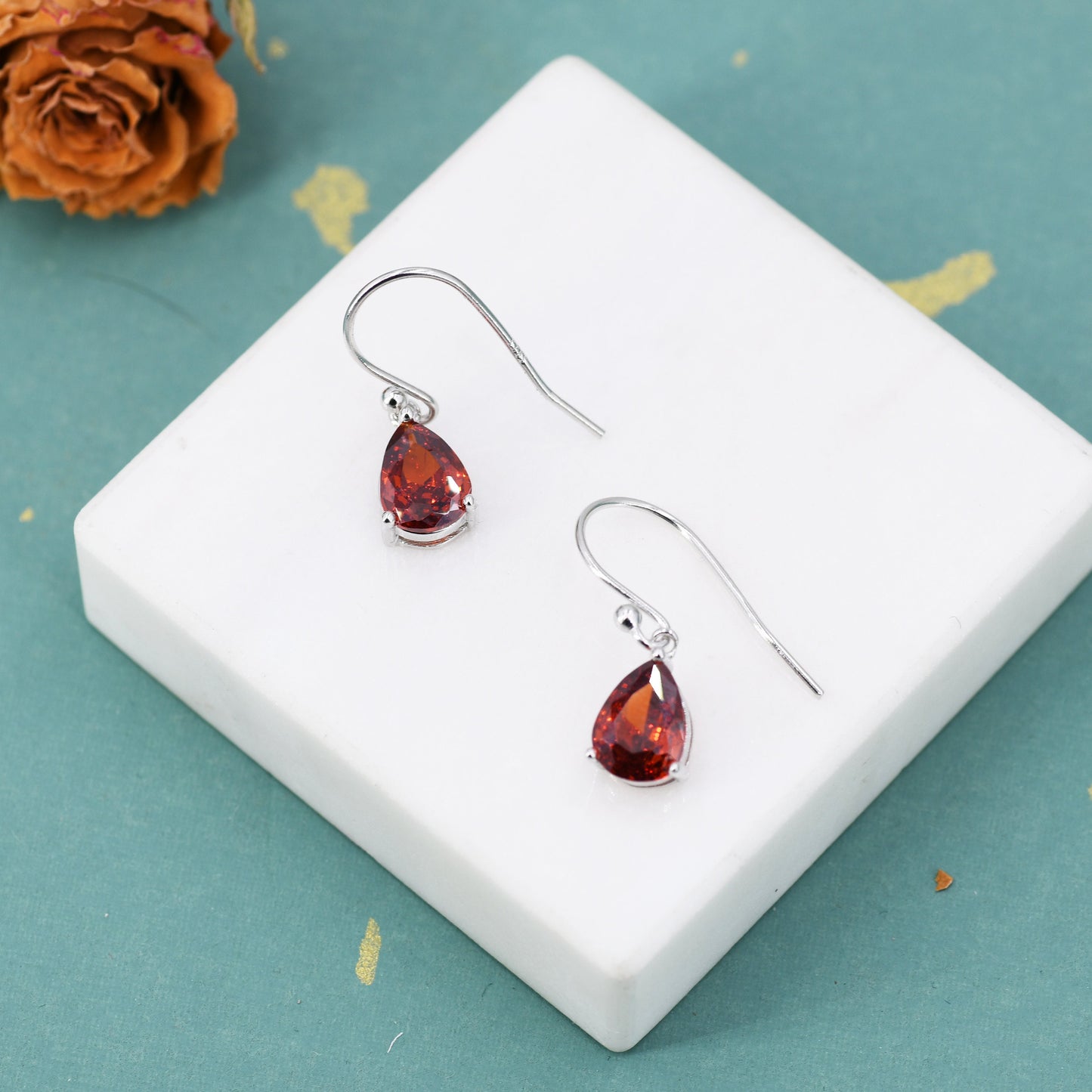 Sterling Silver Garnet Red CZ Droplet Drop Earrings in Sterling Silver, Silver or Gold, Pear Shape Cubic Zirconia Hook Earrings