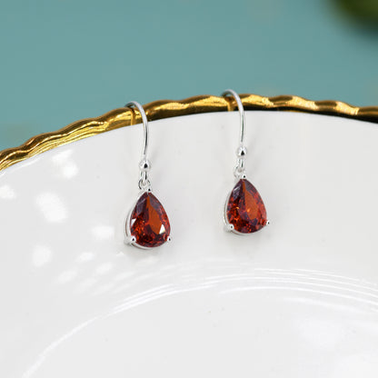 Sterling Silver Garnet Red CZ Droplet Drop Earrings in Sterling Silver, Silver or Gold, Pear Shape Cubic Zirconia Hook Earrings