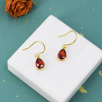 Sterling Silver Garnet Red CZ Droplet Drop Earrings in Sterling Silver, Silver or Gold, Pear Shape Cubic Zirconia Hook Earrings