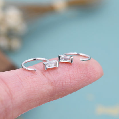 Vertical Baguette Cut CZ Huggie Hoop Earrings in Sterling Silver, Silver or Gold, Open Hoops,  Pull-Through Threader Earrings