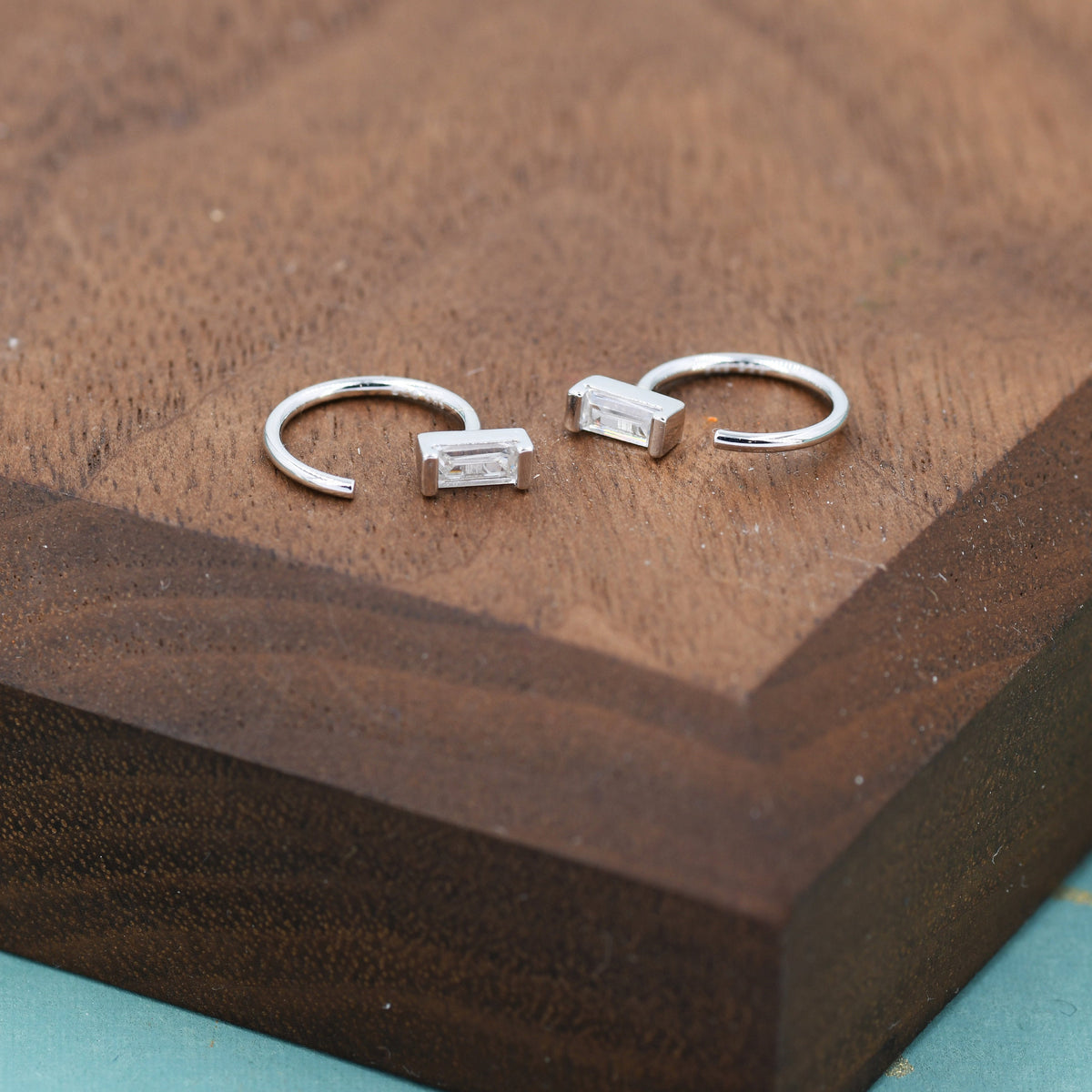 Vertical Baguette Cut CZ Huggie Hoop Earrings in Sterling Silver, Silver or Gold, Open Hoops, Pull-Through Threader Earrings