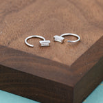 Vertical Baguette Cut CZ Huggie Hoop Earrings in Sterling Silver, Silver or Gold, Open Hoops, Pull-Through Threader Earrings
