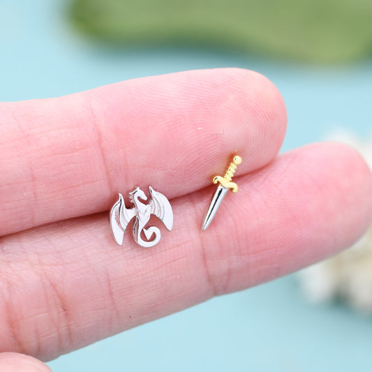 Mismatched Dragon and Sword Stud Earrings in Sterling Silver, Asymmetric Dragon Earrings