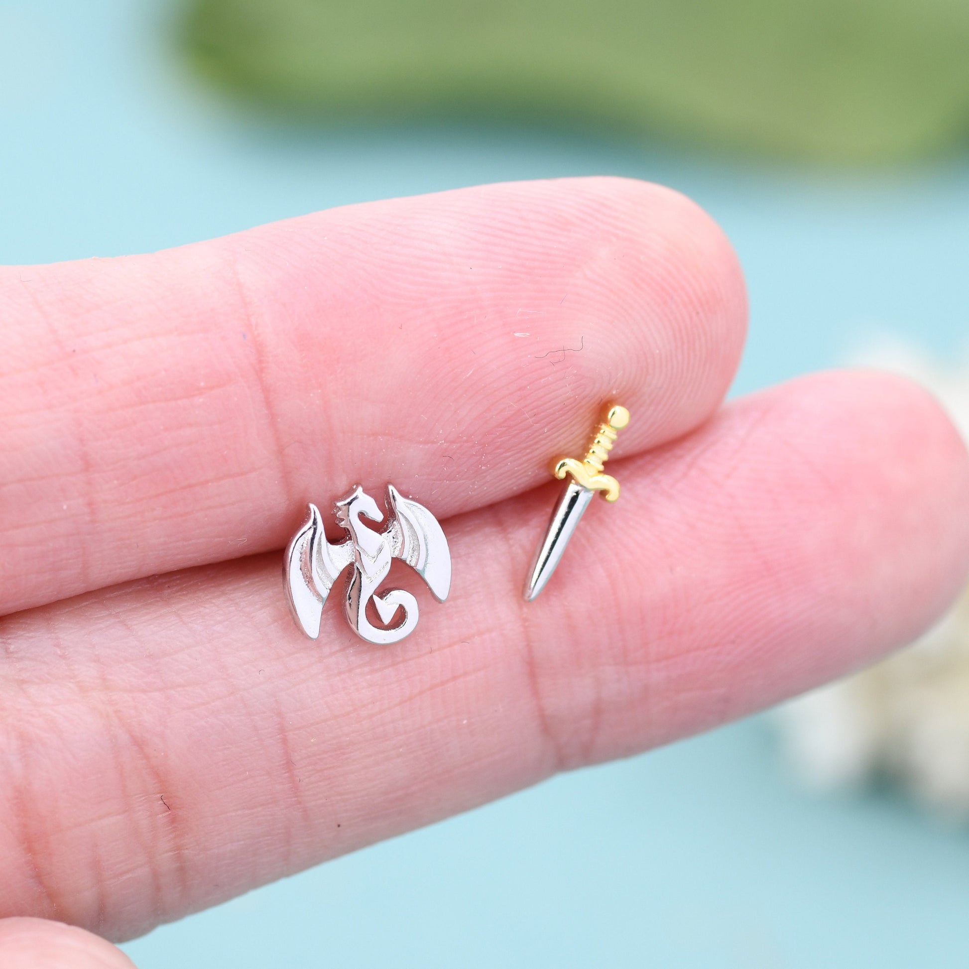 Mismatched Dragon and Sword Screw Back / Stud Earrings in Sterling Silver, Asymmetric Dragon Earrings