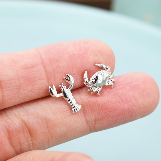 Sterling Silver Mismatched Crab and Lobster Stud Earrings, Asymmetric Ocean Creature Earrings, Cute and Quirky