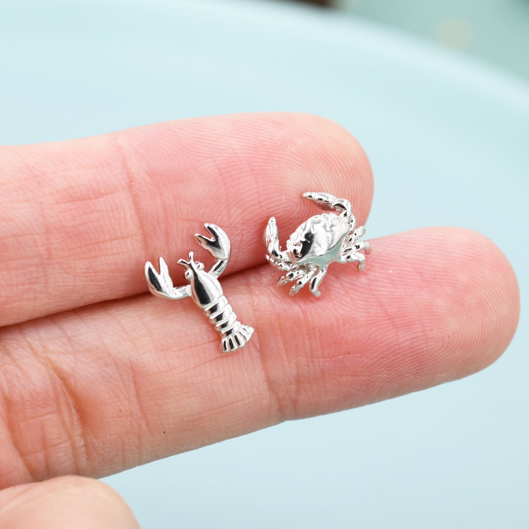 Sterling Silver Mismatched Crab and Lobster Stud Earrings, Asymmetric Ocean Creature Earrings, Cute and Quirky