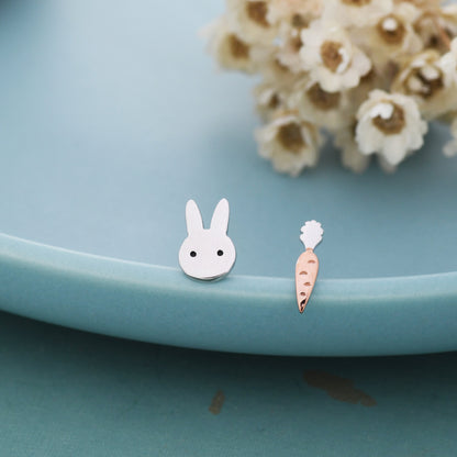 Sterling Silver Mismatched Rabbit and Carrot Stud Earrings, Dainty Asymmetric Cute Bunny and Carrot Earrings