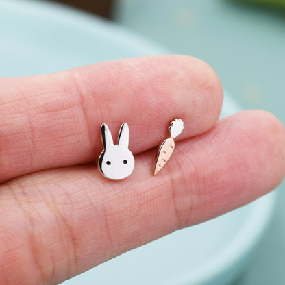 Sterling Silver Mismatched Rabbit and Carrot Stud Earrings, Dainty Asymmetric Cute Bunny and Carrot Earrings