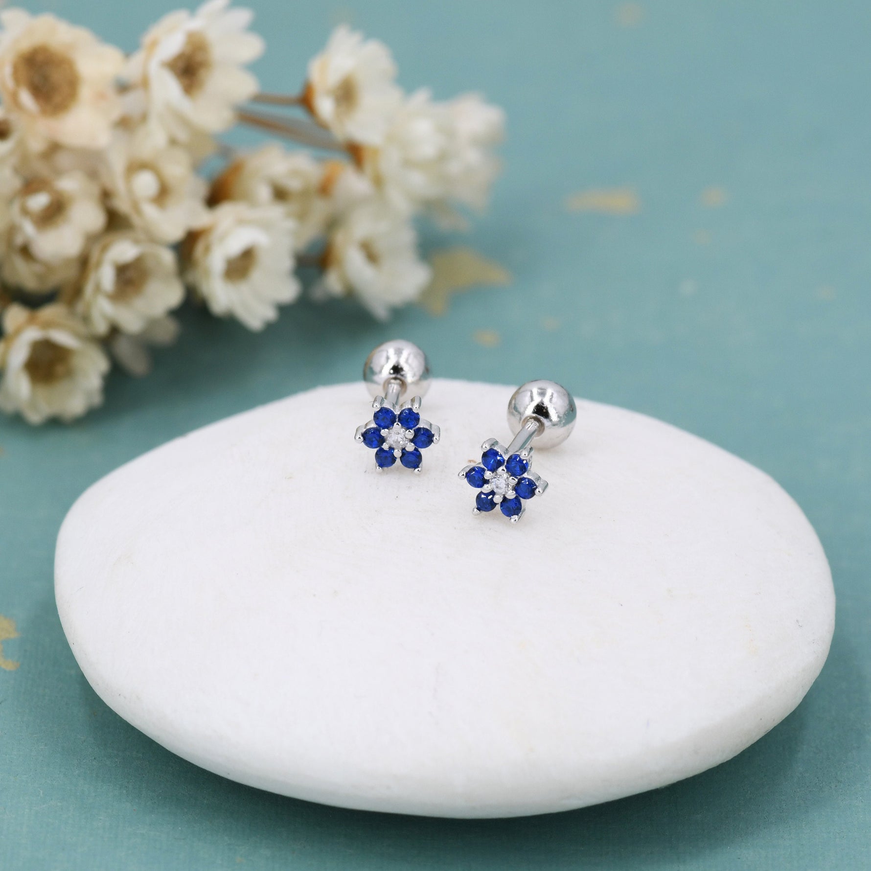 Very Tiny Sapphire Blue CZ Flower Screw Back/ Stud Earrings in Sterling Silver, Silver or Gold, Crystal Flower Earrings, Stacking Earrings