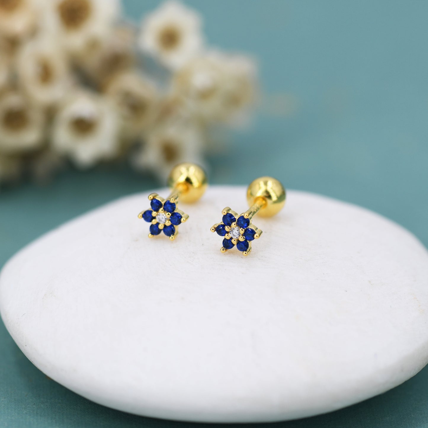 Tiny Sapphire Blue CZ Flower Internally Threaded Flat Back /Screw Back/ Stud Earrings in Sterling Silver, Silver or Gold or Rose Gold