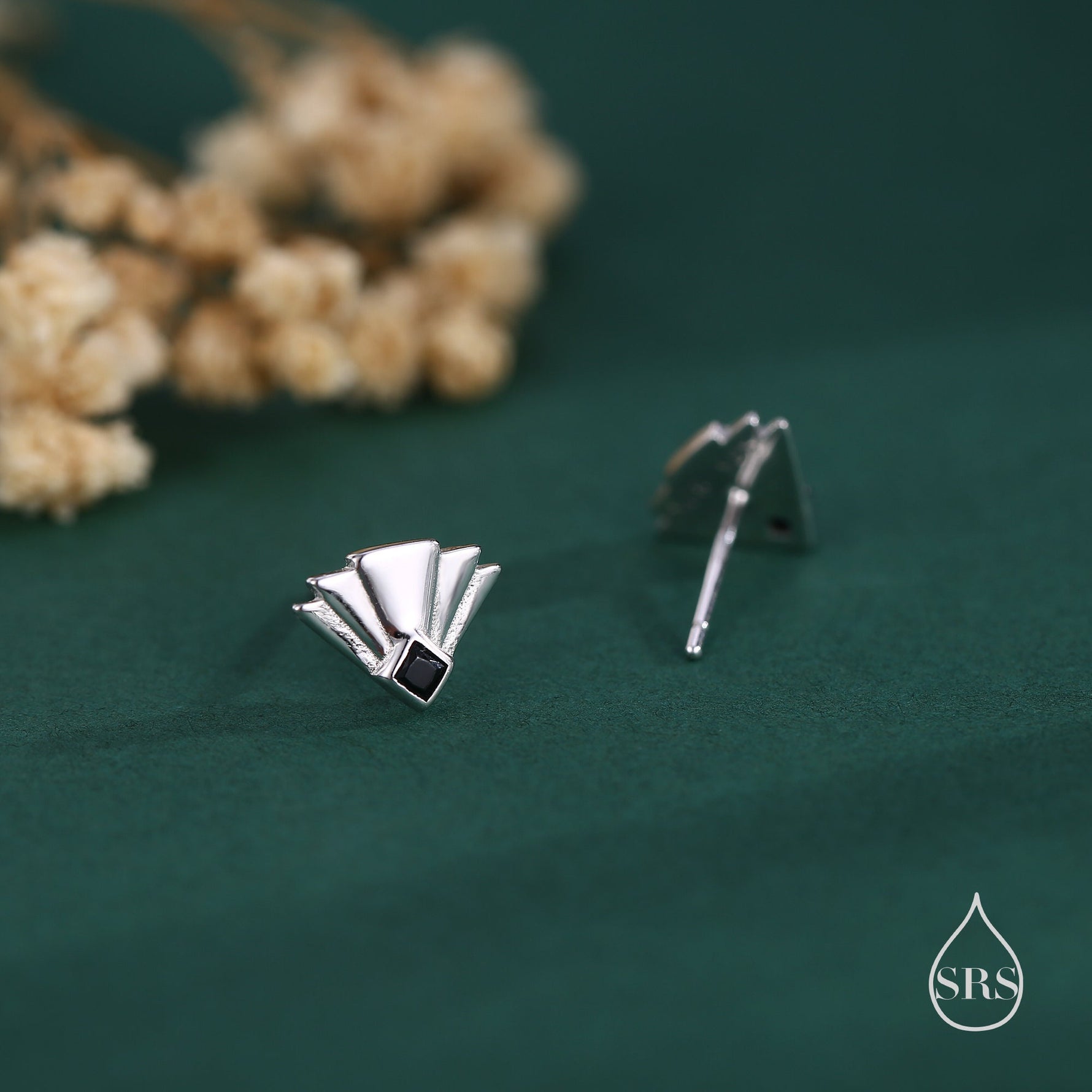 Art Deco Inspired Small Sun Ray Stud Earrings in Sterling Silver, Black or clear CZ, Silver or Gold or Rose Gold, Tiny Art Deco Style Earrings