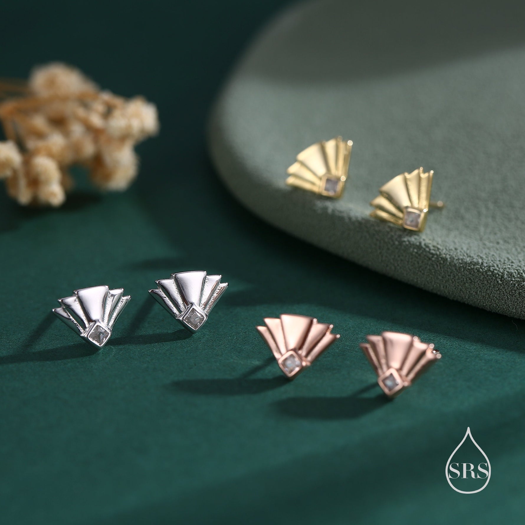 Art Deco Inspired Small Sun Ray Stud Earrings in Sterling Silver, Black or clear CZ, Silver or Gold or Rose Gold, Tiny Art Deco Style Earrings