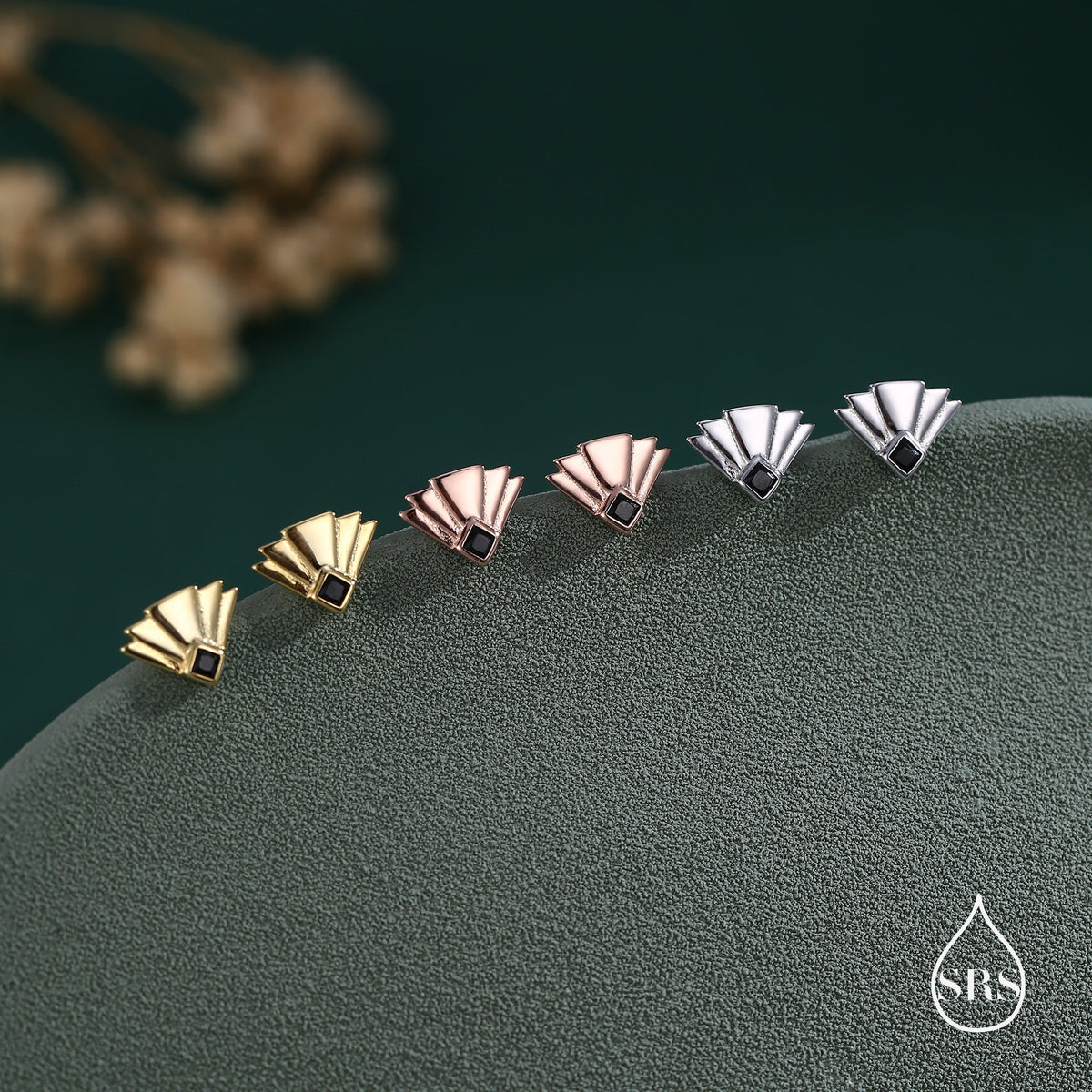Art Deco Inspired Small Sun Ray Stud Earrings in Sterling Silver, Black or clear CZ, Silver or Gold or Rose Gold, Tiny Art Deco Style Earrings