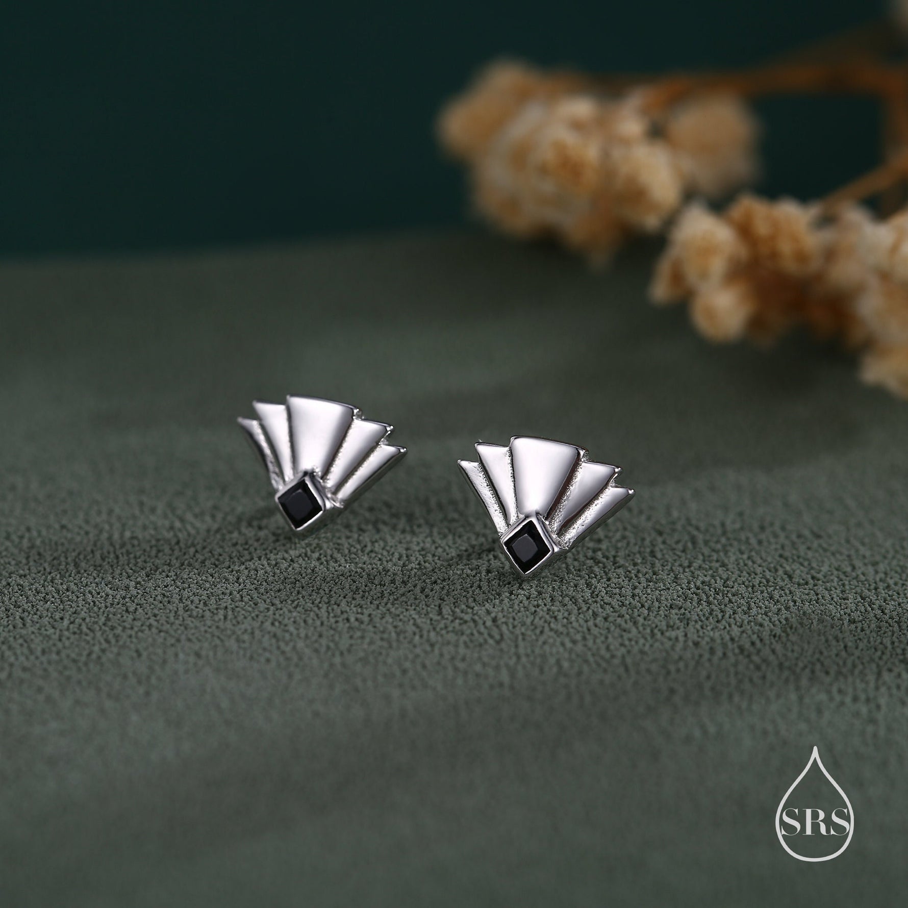 Art Deco Inspired Small Sun Ray Stud Earrings in Sterling Silver, Black or clear CZ, Silver or Gold or Rose Gold, Tiny Art Deco Style Earrings