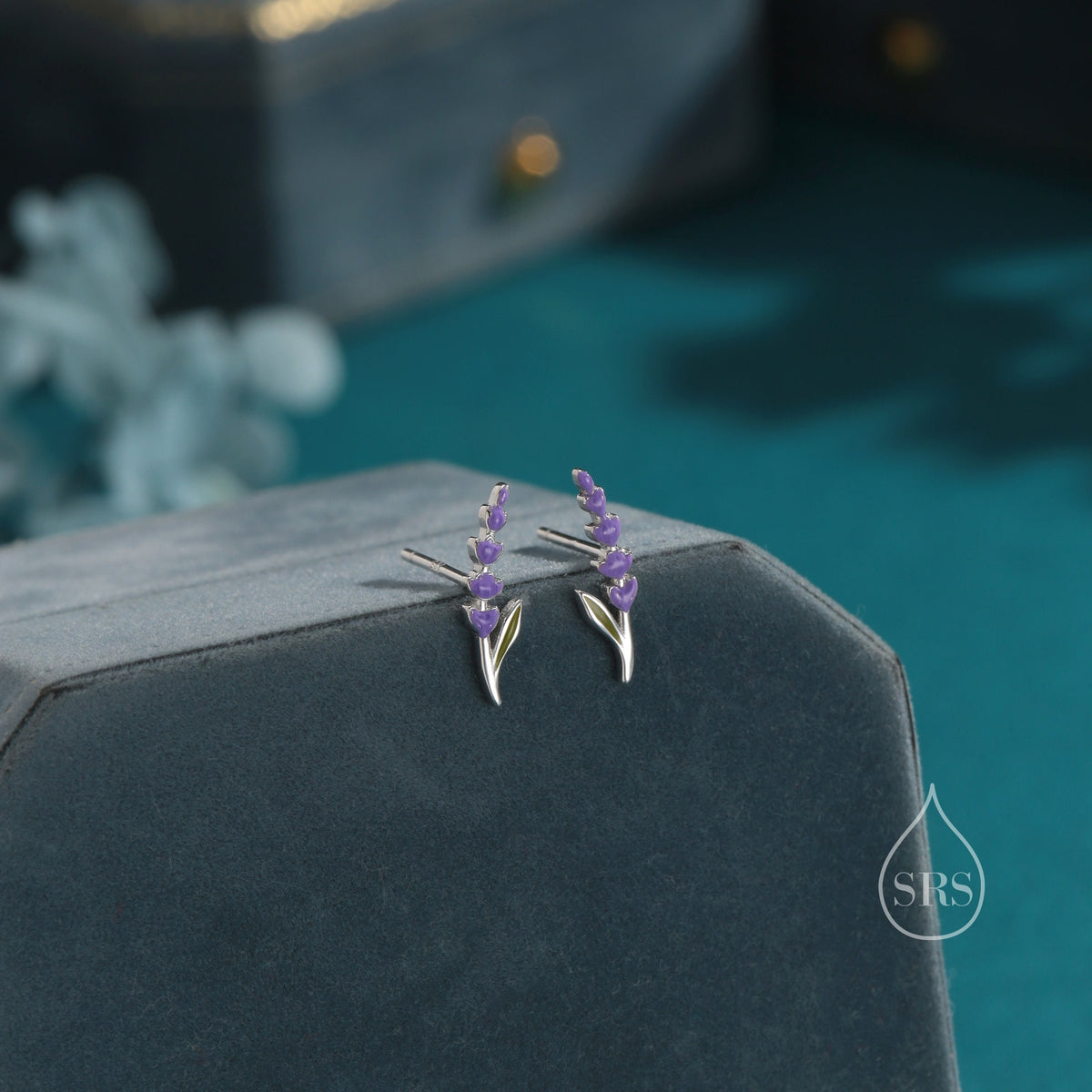 Super Tiny Sterling Silver Lavender Stud Earrings, Handpainted Enamel Lavender Earrings, Silver or Gold, Purple Lavender Earrings