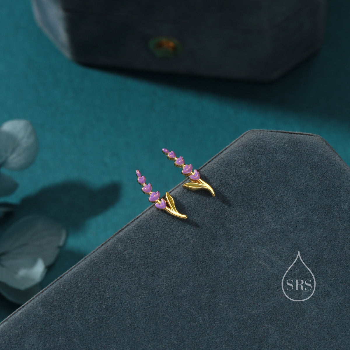Super Tiny Sterling Silver Lavender Stud Earrings, Handpainted Enamel Lavender Earrings, Silver or Gold, Purple Lavender Earrings