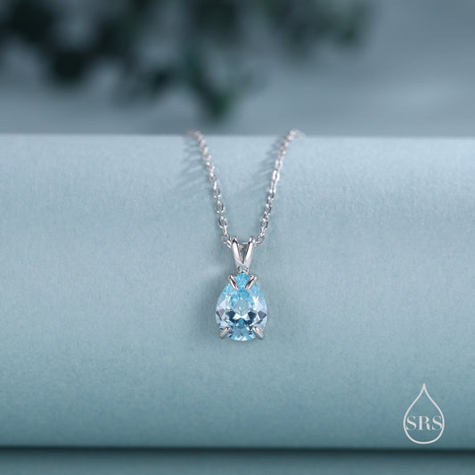 Aquamarine Blue Pear Cut CZ Pendant Necklace in Sterling Silver, 7 x 9mm, Sky Blue Droplet necklace, Diamond CZ