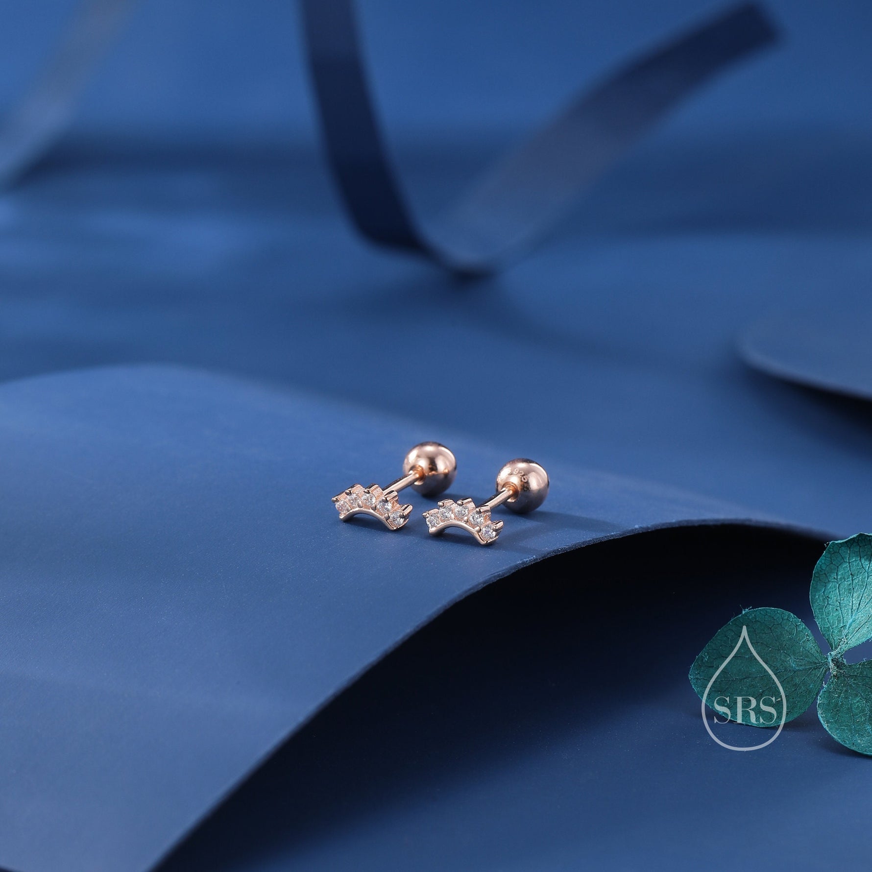 Extra Tiny Curved Bar CZ Stud Earrings / Screw Back Earrings in Sterling Silver, Silver or Gold, Geometric Tiny Three Star CZ Earrings