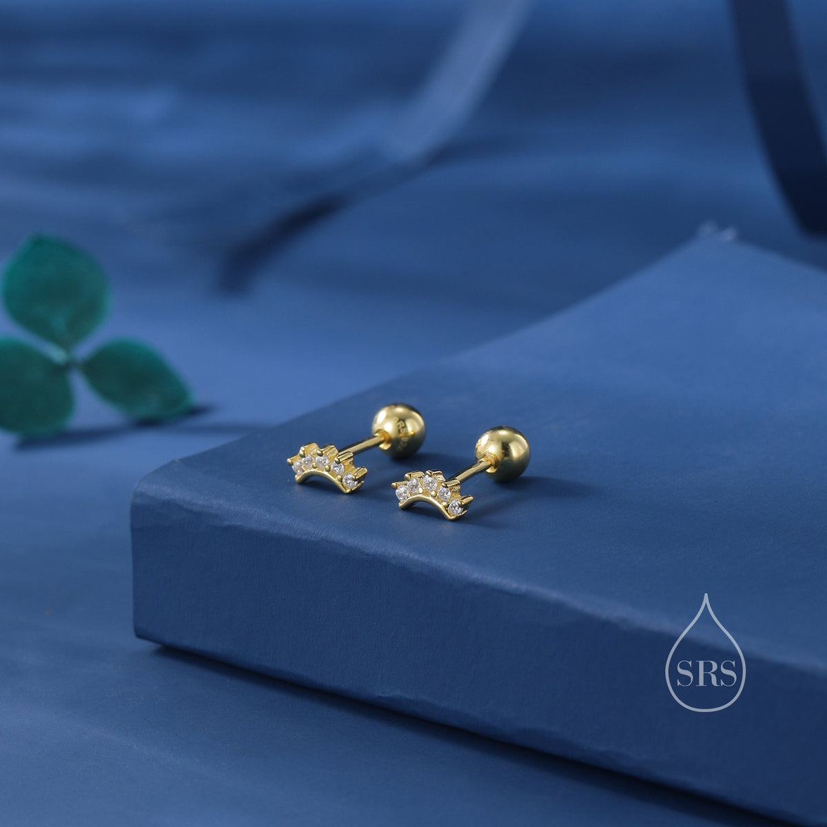 Extra Tiny Curved Bar CZ Stud Earrings / Screw Back Earrings in Sterling Silver, Silver or Gold, Geometric Tiny Three Star CZ Earrings