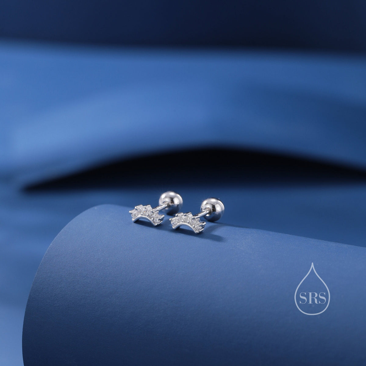 Extra Tiny Curved Bar CZ Stud Earrings / Screw Back Earrings in Sterling Silver, Silver or Gold, Geometric Tiny Three Star CZ Earrings