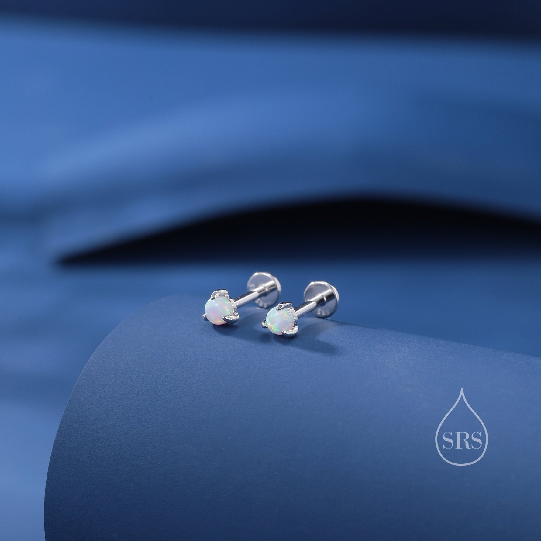 White Opal Internally Threaded Flat Back /Screw back/ Stud Earrings in Sterling Silver, Silver or Gold, Opal Three Prong Earrings