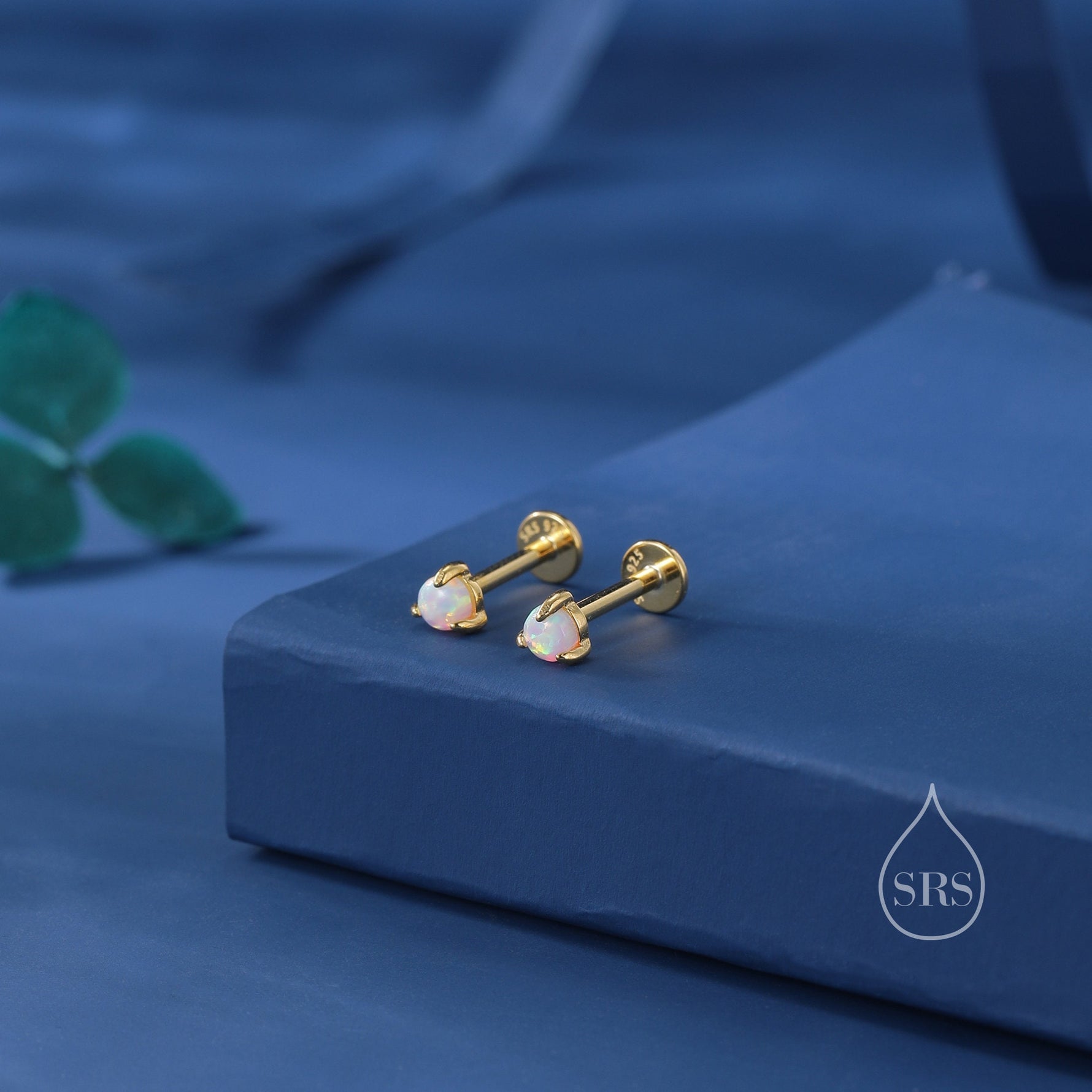 White Opal Internally Threaded Flat Back /Screw back/ Stud Earrings in Sterling Silver, Silver or Gold, Opal Three Prong Earrings