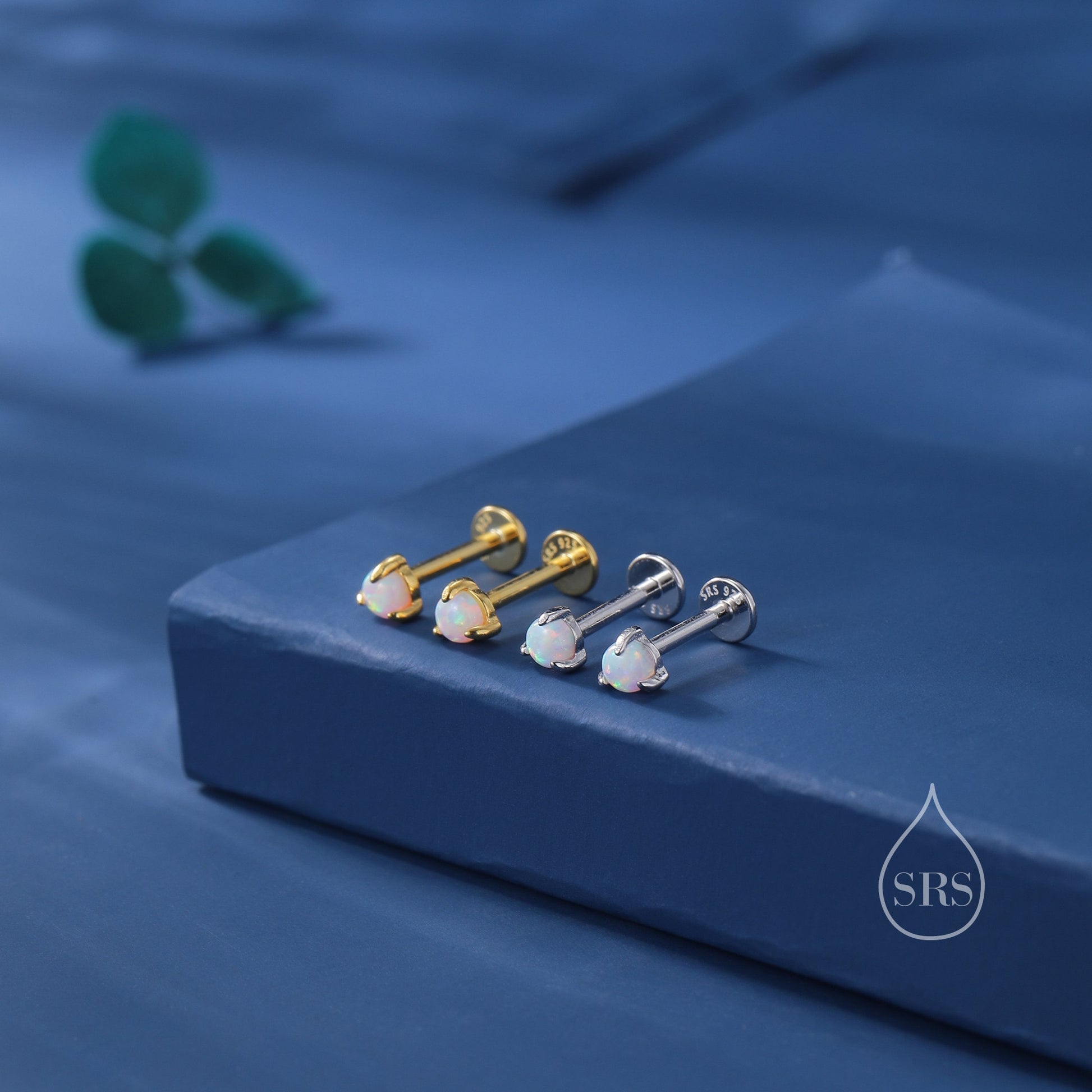 White Opal Internally Threaded Flat Back /Screw back Earrings in Sterling Silver, Silver or Gold, Opal Three Prong Earrings