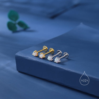 White Opal Internally Threaded Flat Back /Screw back Earrings in Sterling Silver, Silver or Gold, Opal Three Prong Earrings