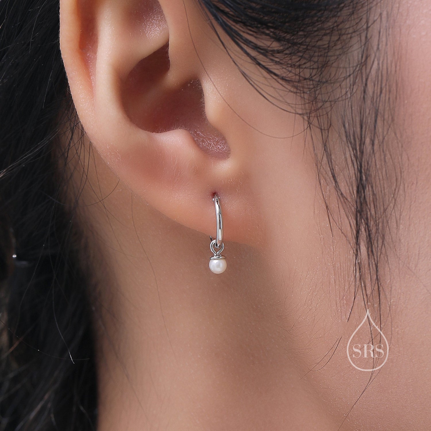 Tiny Mother of Pearl Huggie Hoop Earrings in Sterling Silver with Sleeper Hoops, 8mm Detachable Pearl Dangle Earrings, Gold and Silver,