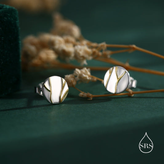 Japanese Kintsugi Inspired Disk Stud Earrings in Sterling Silver, Kintsugi - Art of Embracing of the Flawed or Imperfect