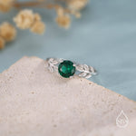 Emerald Green CZ and Leaf Single Stone Ring in Sterling Silver, Adjustable Size, Botanical Jewellery, Lab Created Zircon Ring