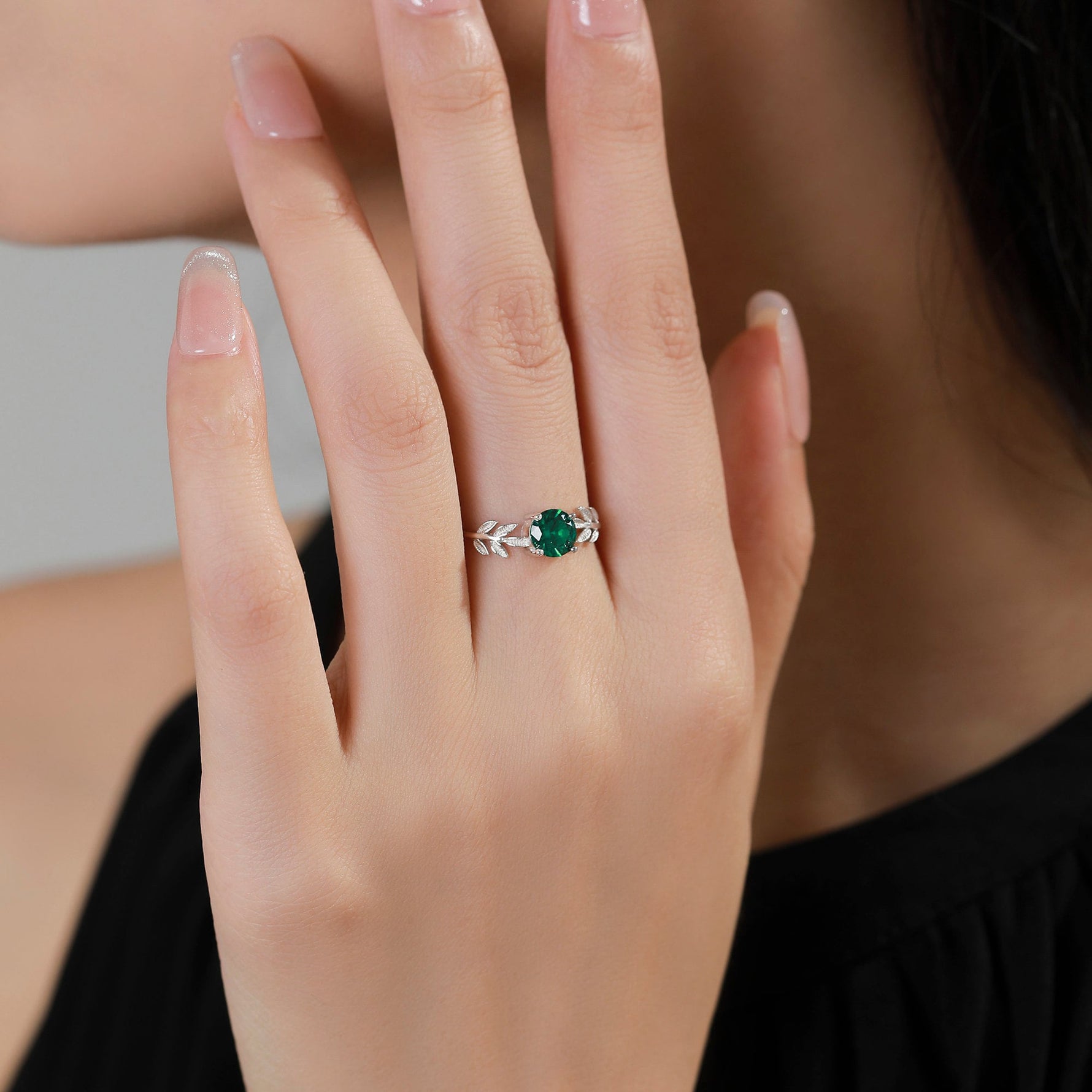 Emerald Green CZ and Leaf Single Stone Ring in Sterling Silver, Adjustable Size, Botanical Jewellery, Lab Created Zircon Ring
